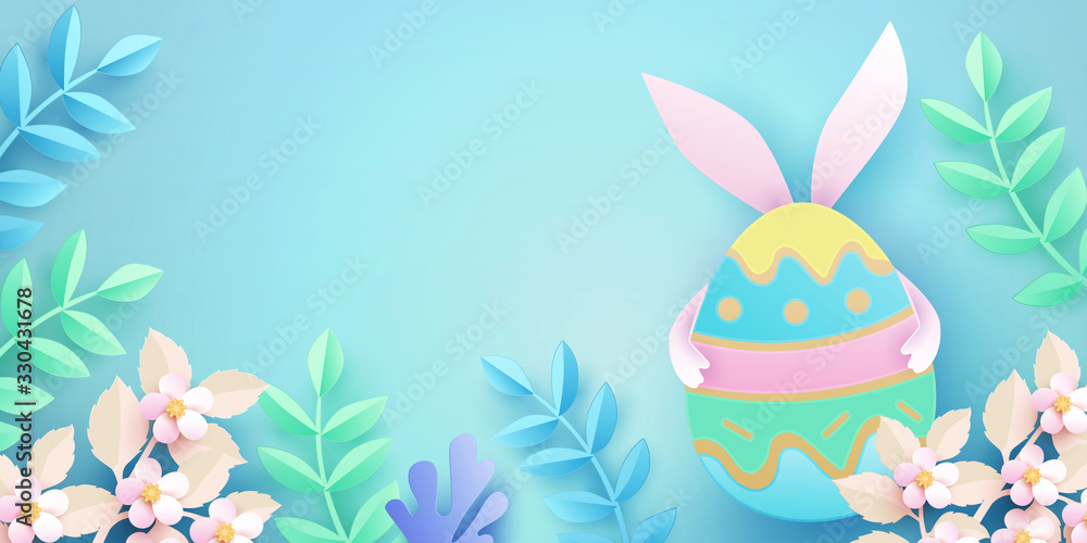 Happy easter vector illustration with easter bunny in spring grass hugging a big egg. Paper cut style. Pastel colors. Modern design for greeting card, sale, advertisement, web. Place for text
