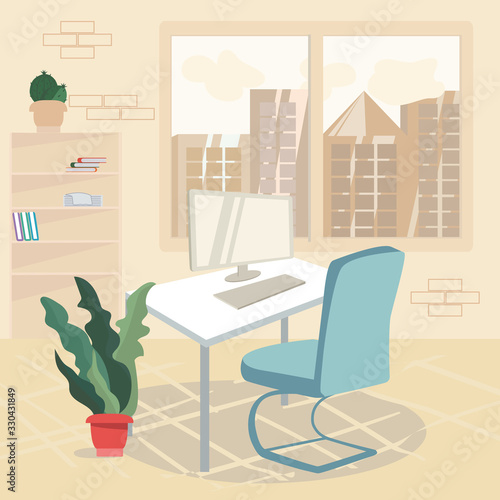 Flat Neat and Clean Workspace Cartoon Illustration. Vector Office Interior. Table and Computer, Houseplant in Pot, Chair, Bookshelves with Documents. Cityscape View from Window. Comfortable Workroom