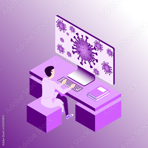 A scientist is conducting research on the coronavirus. A new strain of SARS-CoV-2. Vector illustration in isometric style.