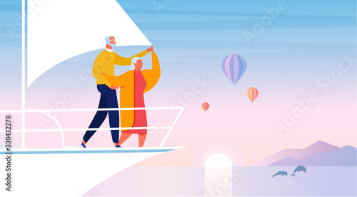 Happy Retirement, Sea Travel Vector Illustration. Elderly Tourists Couple Cartoon Characters. Happy Old Husband and Wife Holding Hands at Sailboat Prow. Romantic Journey, Outdoor Recreation