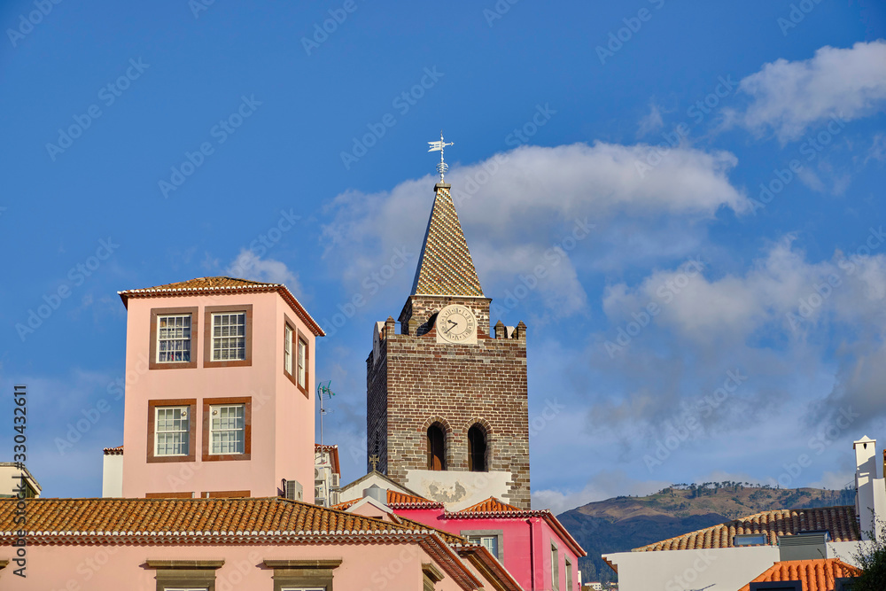 Scenic view of Cathedral of Our Lady of the Assumption (Sé Catedral de Nossa Senhora da Assunção) in Funchal - capital of Portugal's Autonomous Region of Madeira. Look of the Roman Catholic Diocese