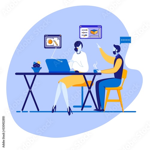 Advertising Flyer Consumer Research Cartoon Flat. Introduction Complex Marketing Communications. Man Tells Woman about Strategy Data Analysis and Drinks Coffee. Vector Illustration.
