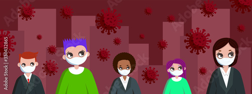 Group of people wearing medical masks. Dangerous chinese nCoV coronavirus, SARS pandemic risk alert. Vector illustration