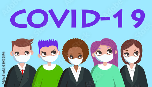 people wearing medical masks. Dangerous 2019-nCoV coronavirus, SARS pandemic risk alert. Flat vector illustration