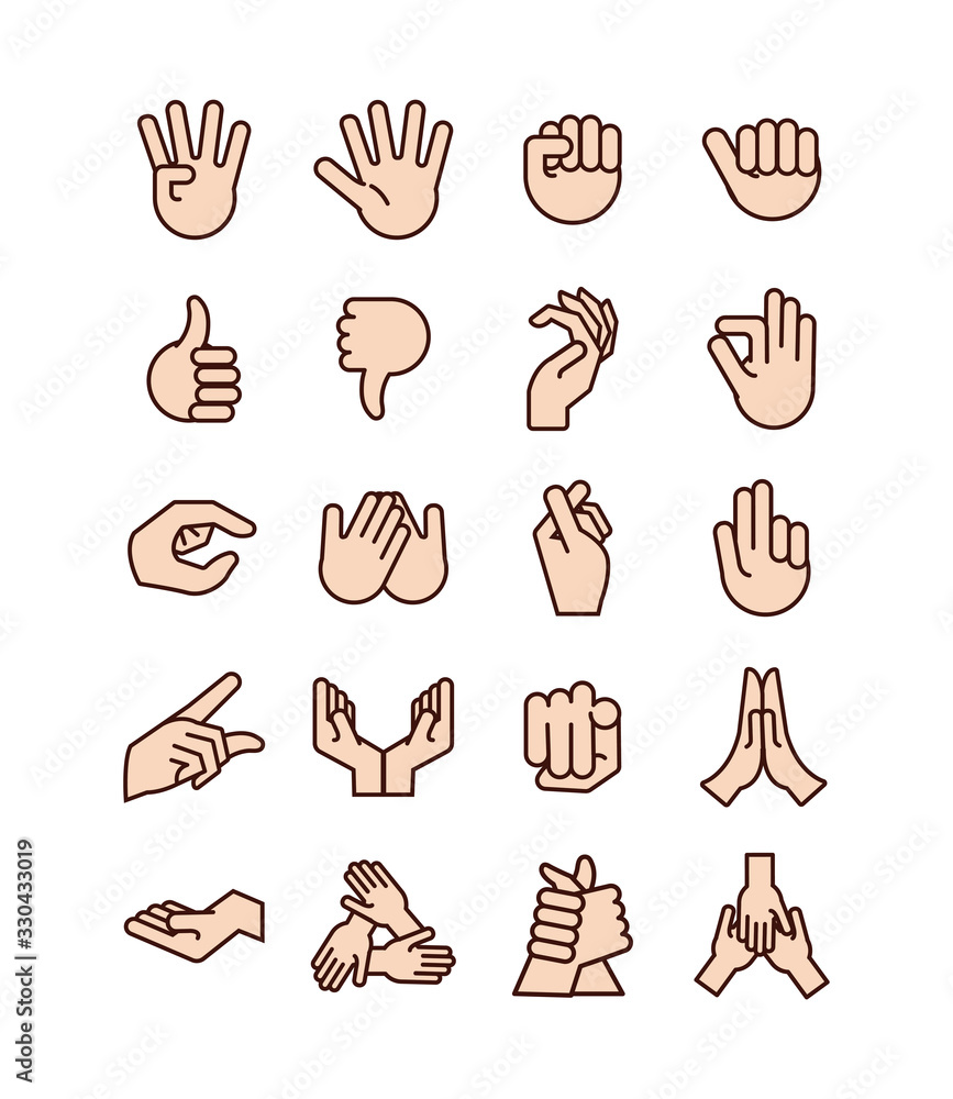 Fototapeta premium bundle of hands signals line and fill style icon