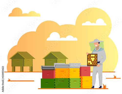 Beekeeper Working In Apiary, Beekeeping Industry, Hobby. Character in Bee Protection Suit and Hat Caring of Bees and Collecting Honey from Honeycombs. Organic Food Cartoon Flat Vector Illustration
