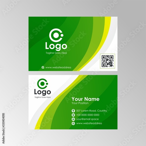 Simple abstract wave business card with green color design, professional name card template vector