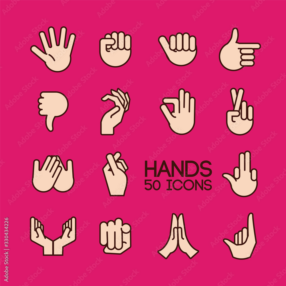 bundle of hands signals line and fill style in red background bundle of hands signals line and fill style in red background