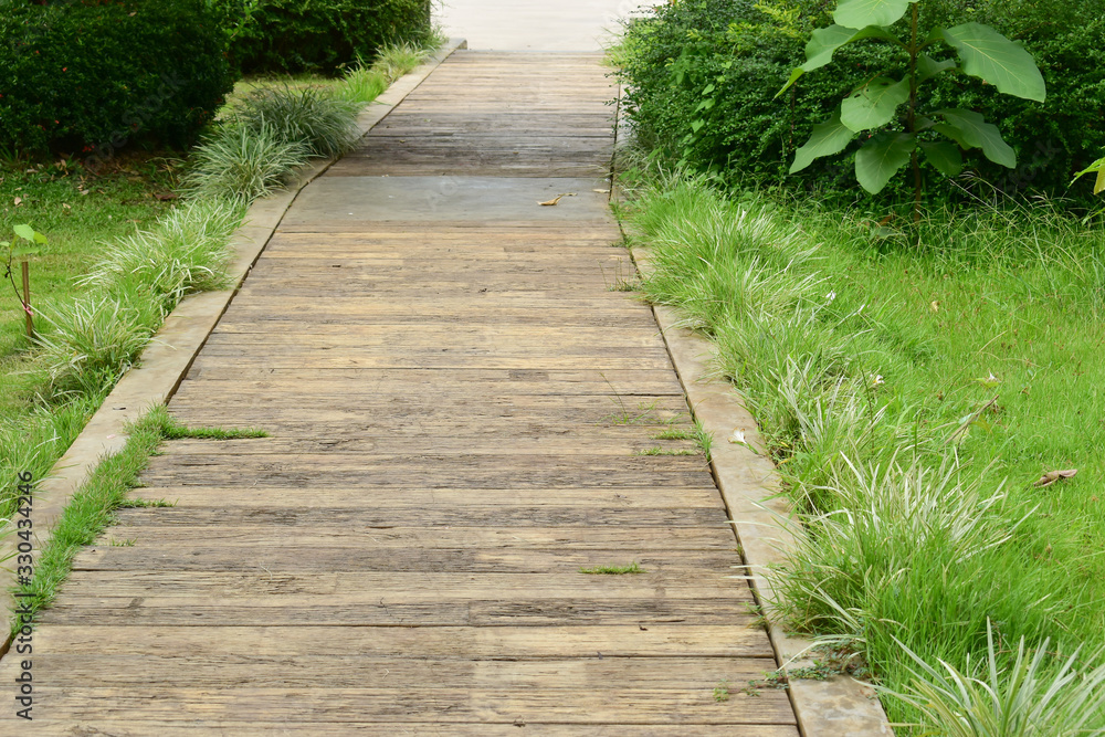 concrete brick pathway in green natural park