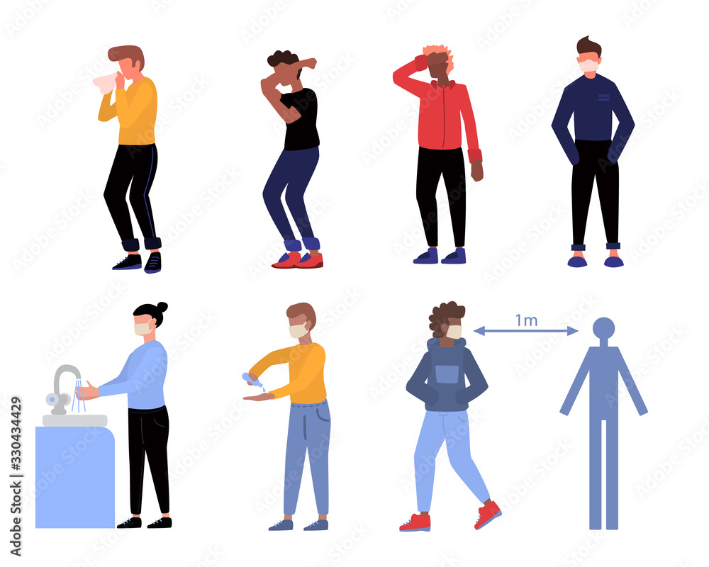Fototapeta premium Steps To Hand Washing For Prevent Illness, wearing mask, using sanitizer. Main syptopms of the desease.