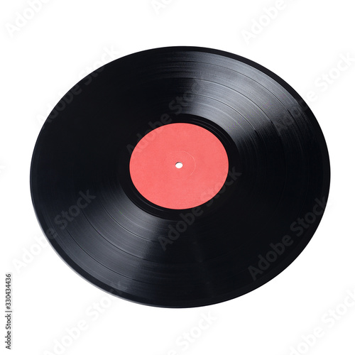 12-inch vinyl record with red label isolated.
