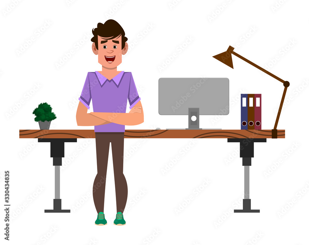 strong boy cartoon character stands near his table or workplace strong boy cartoon character stands near his table or workplace