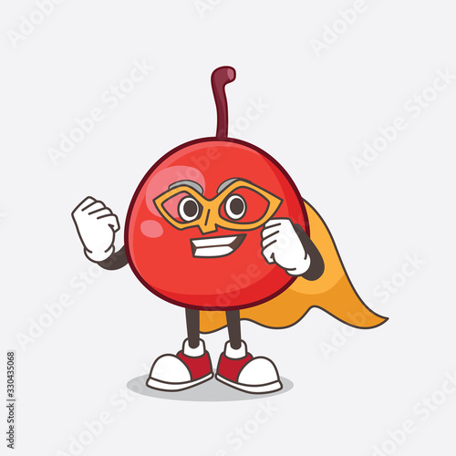 Red Berry cartoon mascot character dressed as a Super hero