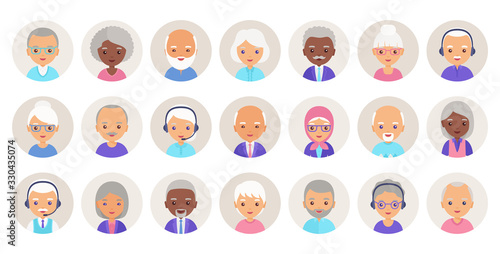 Old people avatar. Vector. Elderly person, seniors icons in flat design. Set happy grandfathers and grandmothers faces. Group retired grandparents characters isolated in circles. Cartoon illustration.