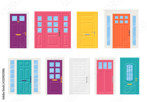 Front door. Vector. Set house doors isolated on white background. Cartoon illustration. Building entrance, doorway.
