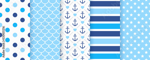 Marine seamless pattern. Vector. Nautical Sea backgrounds with anchor, polka dot, stripe, fish scale and star. Set blue summer prints. Geometric texture for baby shower, scrapbook. Color illustration