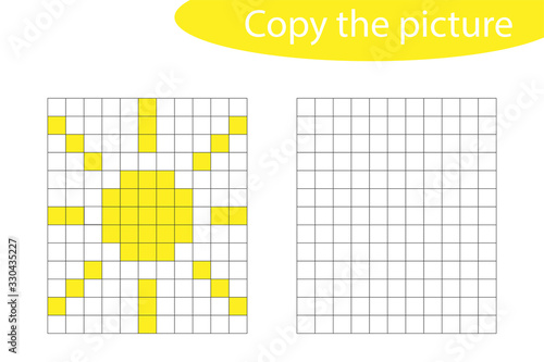Copy the picture, pixel art, sun cartoon, drawing skills training, educational paper game for the development of children, kids preschool activity, printable worksheet, vector illustration