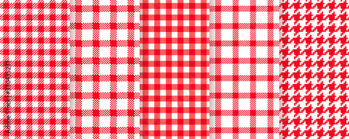 Picnic seamless pattern. Tablecloth plaid background. Vector. Red gingham cloth texture. Checkered kitchen print with check, pixel, houndstooth. Retro country wallpaper. Color illustration.