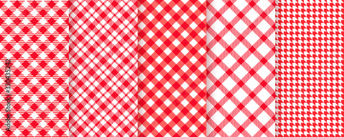 Tablecloth picnic seamless pattern. Red gingham background. Vector. Plaid cloth napkin texture. Checkered diagonal kitchen print. Retro wallpaper with check square glen houndstooth. Color illustration