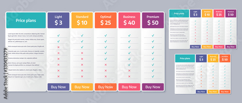 Price table template. Vector. Comparison plan chart. Set pricing data grid with 3, 4 and 5 columns. Checklist compare tariff banner. Color illustration. Flat simple design.