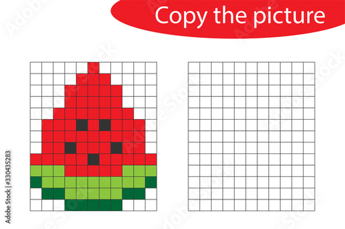 Copy the picture, pixel art, watermelon cartoon, drawing skills training, educational paper game for the development of children, kids preschool activity, printable worksheet, vector illustration