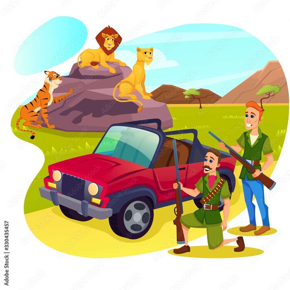 Fototapeta premium Couple of Men Hunters Wearing Military Uniform Holding Weapon Stand near Jeep Aiming to Animals in Africa, Lions and Tiger. Hobby, Hunt, Leisure, Summer Safari Time. Cartoon Flat Vector Illustration