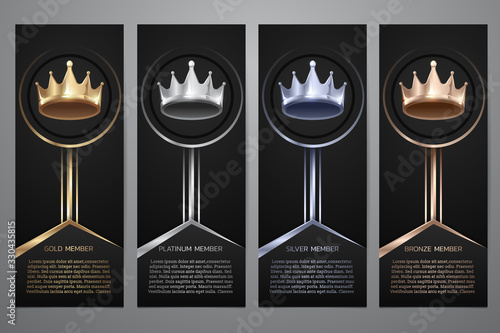 Metalic crown in black banner, Gold, Platinum, Silver, Bronze, Vector illustration.