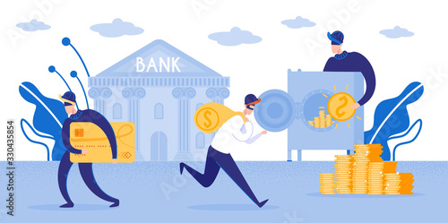 Money Can Be Unsafe in Bank Safe or Account. Criminals, Stealing Wealth from Bank. Sly Fellow, Invader, Running out Vault with Sack. Cyber Fraud and Identity Theft. Data, Falling into Wrong Hands.