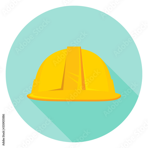 Construction helmet, yellow construction helmet isolated on green background. Vector, cartoon illustration of a realistic construction helmet.