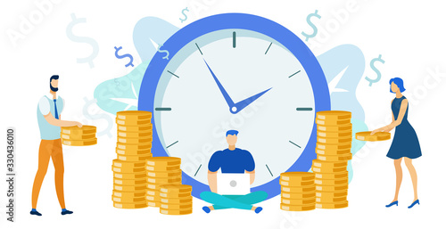 Work Payment, Salary Flat Vector Illustration. Freelancer and Investors Cartoon Characters. Man Sitting with Laptop, People Invest Money. E business, Internet Banking, Deposit System. Profit Growth