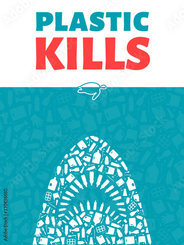 Plastic waste ocean environment problem concept vector illustration. Shark outline filled with plastic trash icons hunting on turtle. Underwater wildlife danger concept, pollution problem graphic.
