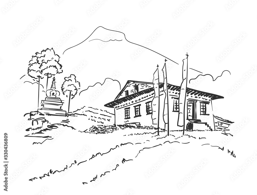 Sketch of small monastery with praying flags and small stupa surrounded by trees on background of mountains, Hand drawn vector linear illustration. Nepal Himalayas