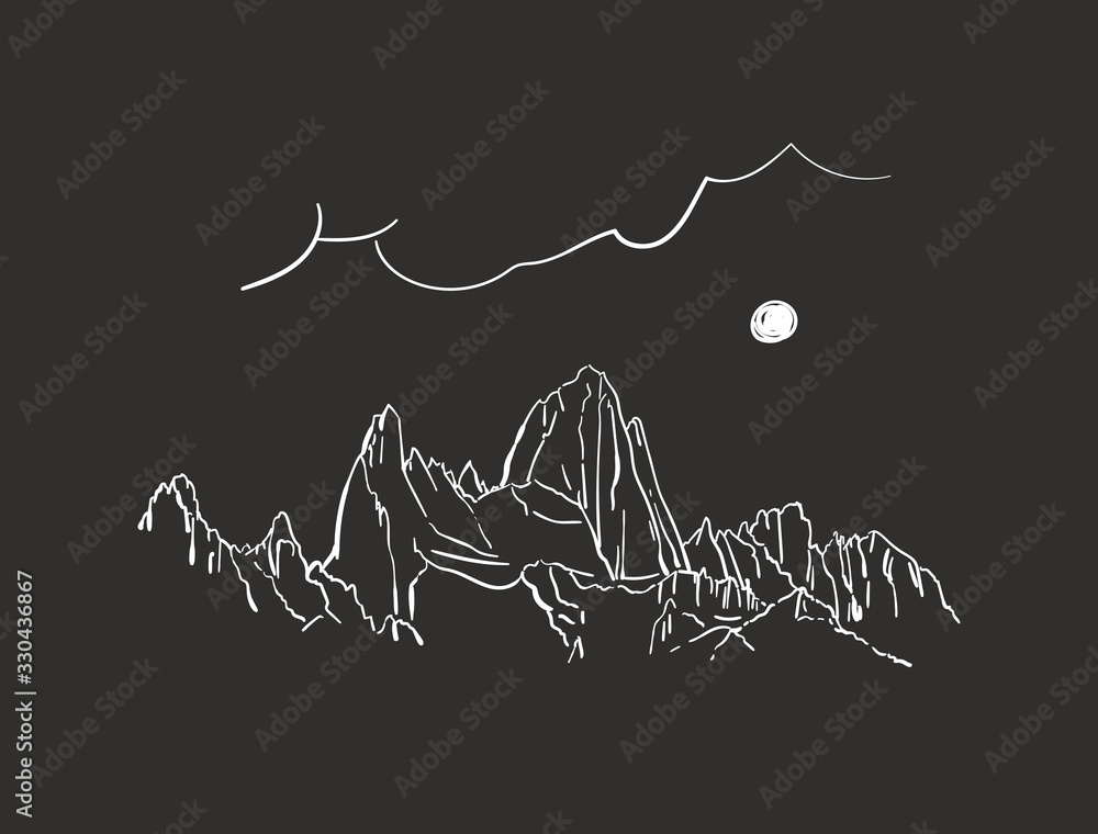 Linear sketch of Fitz Roy mountain in Patagonia in night with moon, Hand drawn vector illustration white lines