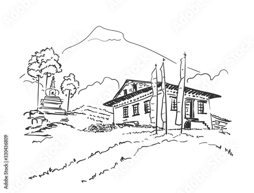 Sketch of small monastery with praying flags and small stupa surrounded by trees on background of mountains, Hand drawn vector linear illustration. Nepal Himalayas
