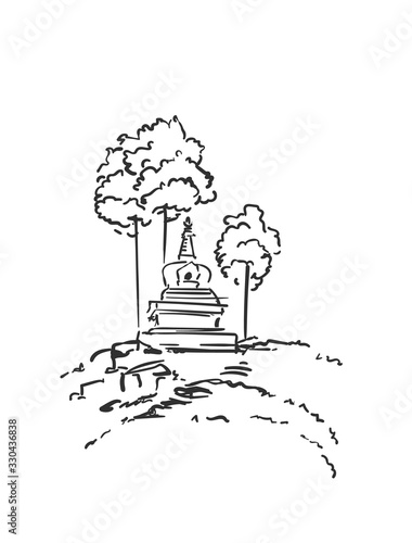 Sketch of small buddhist stupa surrounded by trees, Hand drawn vector linear illustration isolated