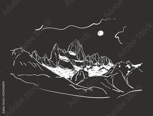 Linear sketch of Fitz Roy mountain massif in Patagonia in night with moon, Hand drawn vector illustration white lines