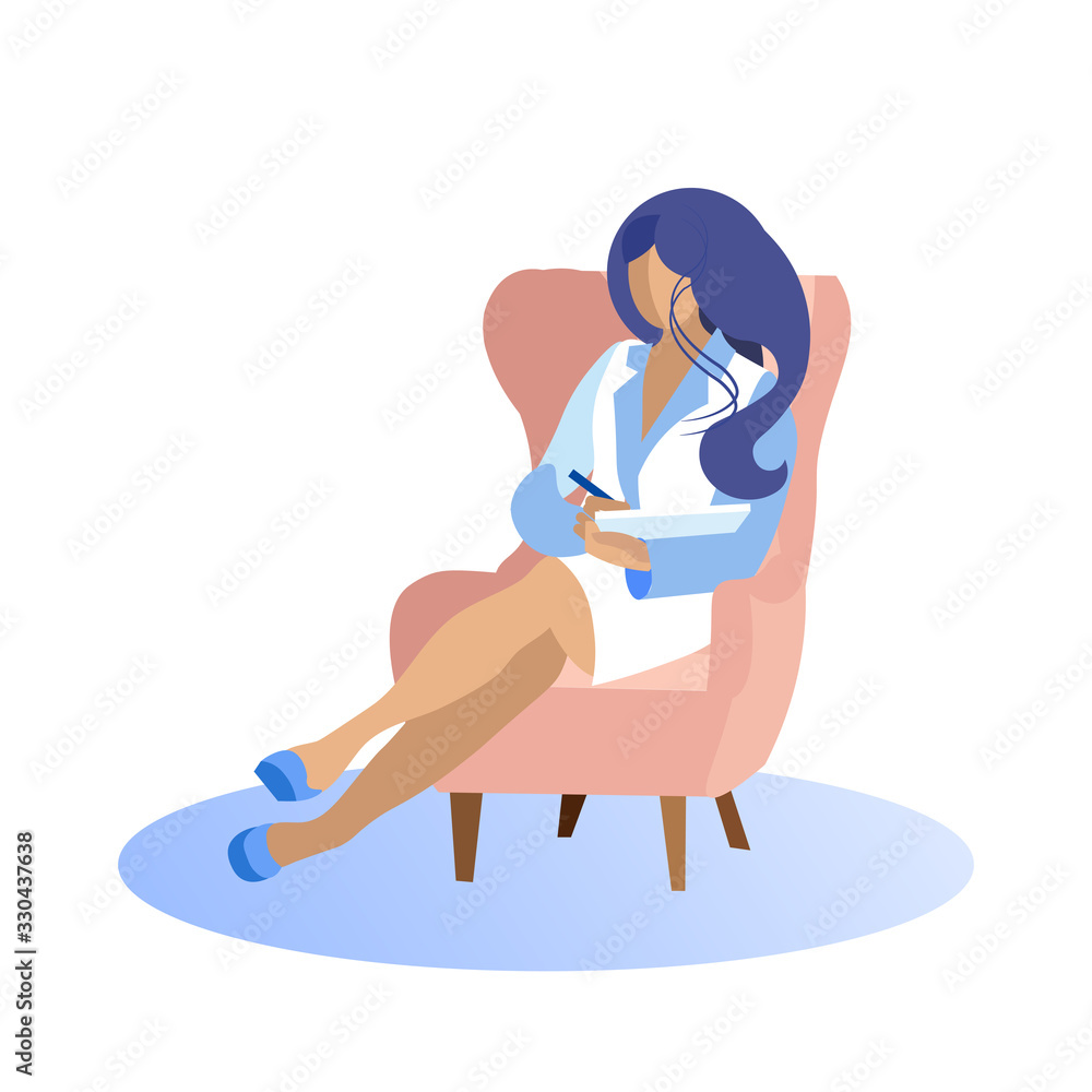 Obraz premium Woman in White Suit and Blue Shoes Sitting in Chair Writing in Notebook. Red Chair. Coworking Center. Vector Illustration. Workflow in Office. Stylish Woman with Long Black Hair on White Background.
