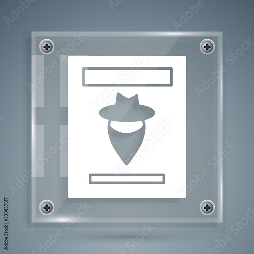 White Wanted western poster icon isolated on grey background. Reward money. Dead or alive crime outlaw. Square glass panels. Vector Illustration