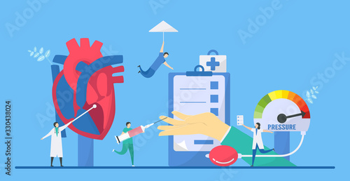 Cardiology vector illustration. This disease calls Hypertrophic Cardiomyopathy. Ability of blood pumping is decreased. Portion of heart becomes thickened. Flat tiny element EPS10.