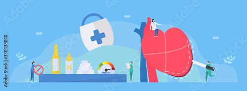 Cardiology vector illustration. This disease calls Dilated Cardiomyopathy. Ability of blood pumping is decreased. Left ventricle room of heart is enlarged and weakened. Stop alcohol, toxin, more sugar