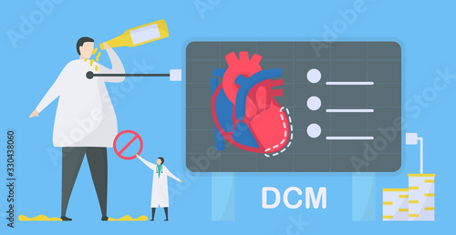 Cardiology vector illustration. This disease calls Dilated Cardiomyopathy. Ability of blood pumping is decreased. Left ventricle room of heart is enlarged and weakened. Stop alcohol. photo