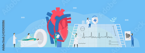 Cardiology vector illustration. This disease calls restrictive cardiomyopathy. Heart is restricted from stretching and filling with blood. Walls of heart are rigid. Diagnostic and analysis of doctors.