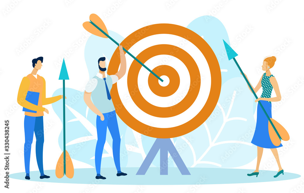 Target Marketing Flat Cartoon Banner Vector Illustration. Business People Shooting Bow. Goal Achievement, Customers Targeting. Person Holding Dart Hitting Aim. Challanges at Work. Man Taking Arrow. Target Marketing Flat Cartoon Banner Vector Illustration. Business People Shooting Bow. Goal Achievement, Customers Targeting. Person Holding Dart Hitting Aim. Challanges at Work. Man Taking Arrow.
