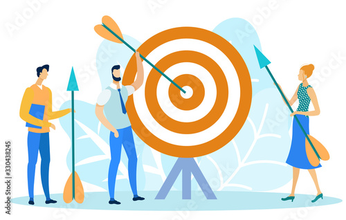 Target Marketing Flat Cartoon Banner Vector Illustration. Business People Shooting Bow. Goal Achievement, Customers Targeting. Person Holding Dart Hitting Aim. Challanges at Work. Man Taking Arrow.