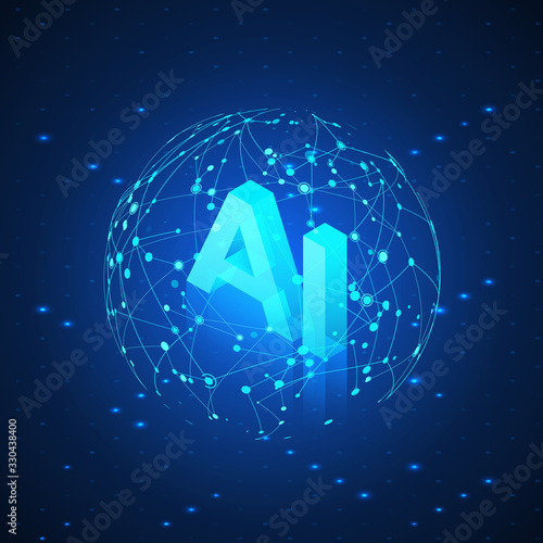 AI hologram in Global Network. Artificial intelligence isometric banner. AI header. Futuristic Technology background. Vector