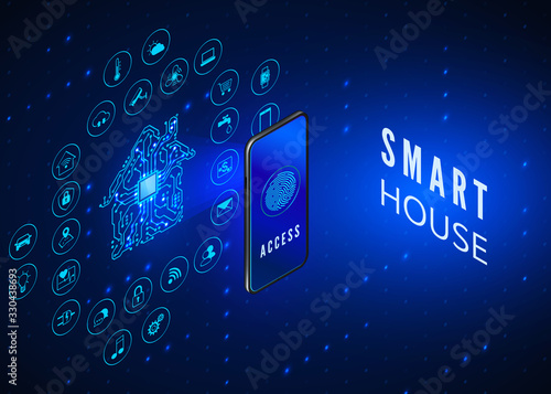 Smart House concept. Mobile phone monitoring and controls all smart system in house. Access to smart system using mobile phone with icons set. Vector illustration