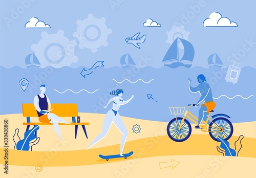 Advertising Banner, Tropical Coast Bike Path. Young People Ride on Bike Path on Beach. Guy Rides Bicycle, Girl Rides Skateboard. Man Reads Book While Sitting Bench. Vector Illustration.