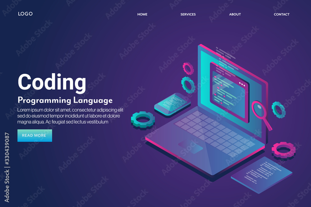 Web development, coding and programming on a isometric laptop with ...