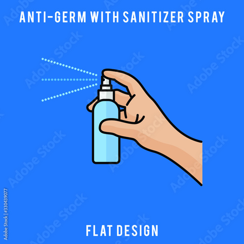 Alcohol spray Hygienic Gel for Hands Properly. Cleaning Hands with Antiseptic Product. Prevention against Virus, Germs and Infection. flat icon design