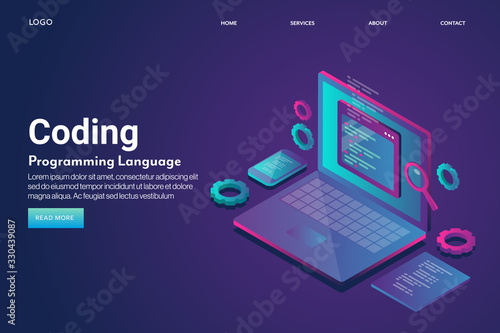 Web development, coding and programming on a isometric laptop with virtual interface and web elements, internet and technology concept. 3d style design with text, landing page banner template.